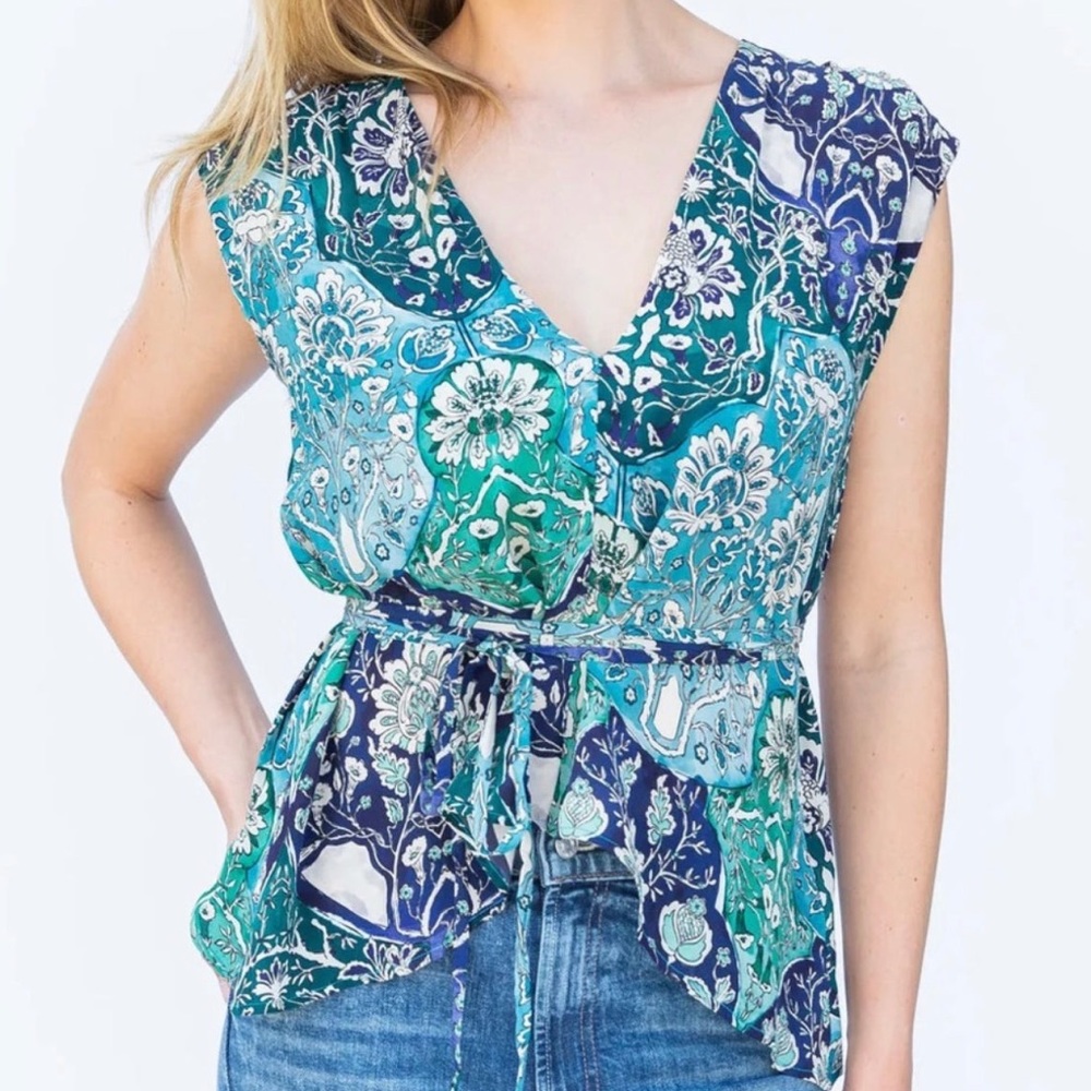 Maria Cher Lugo Matilde Top in Blue Green Floral